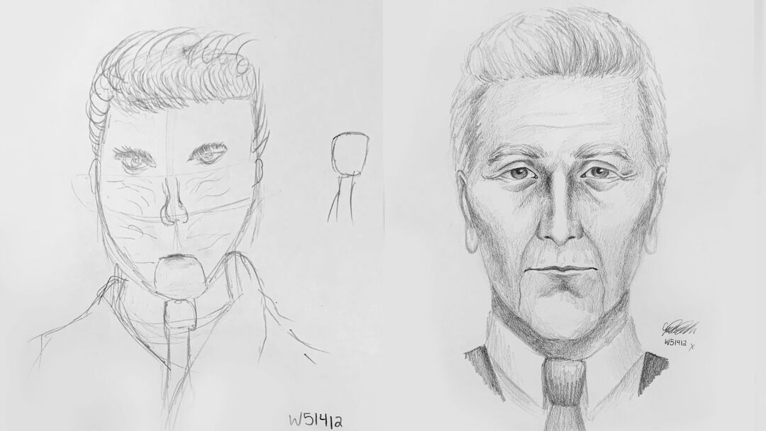 Two side by side pencil sketches of a man's face - the one on the left is an amateur drawing, while the one on the right appears more professional and life-like