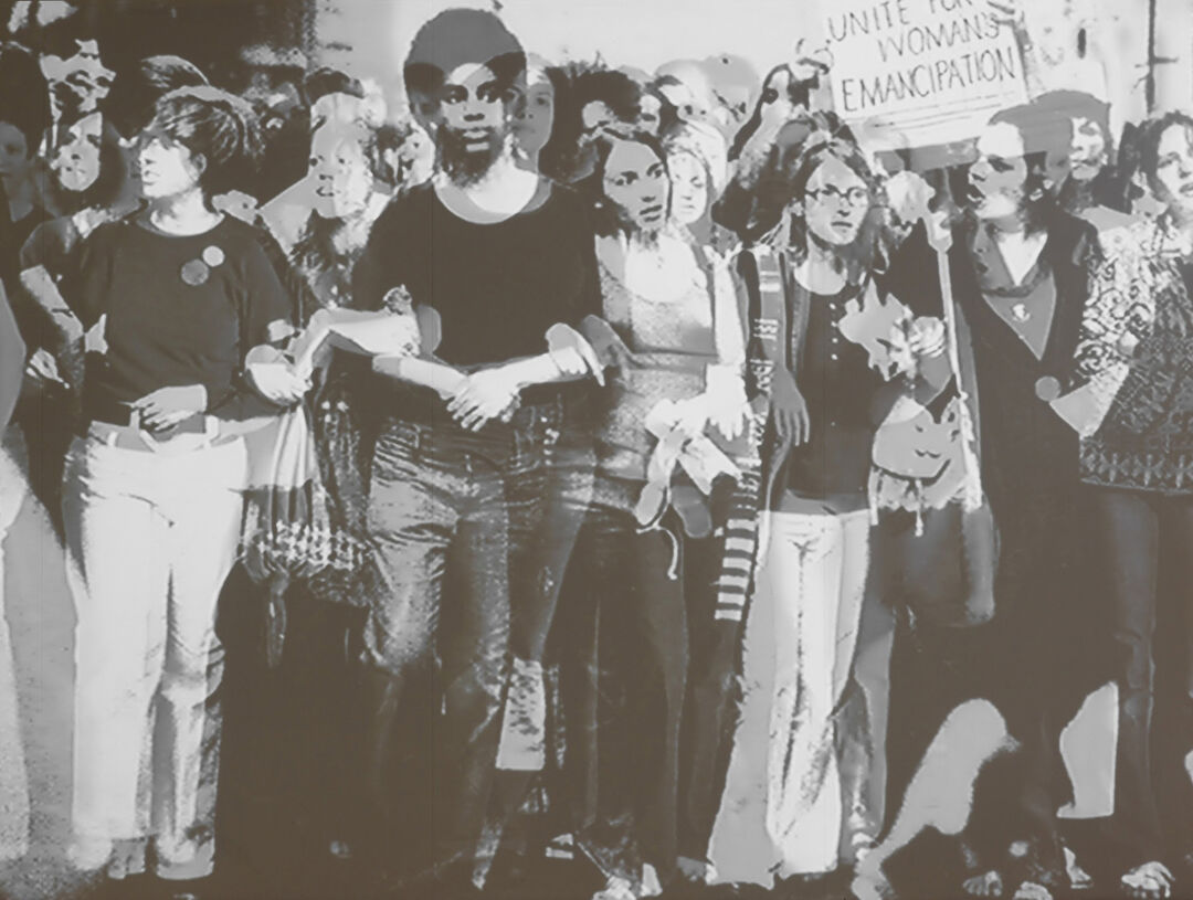 Black and white image overlaying two photos of groups of women protesting, standing on a picket line