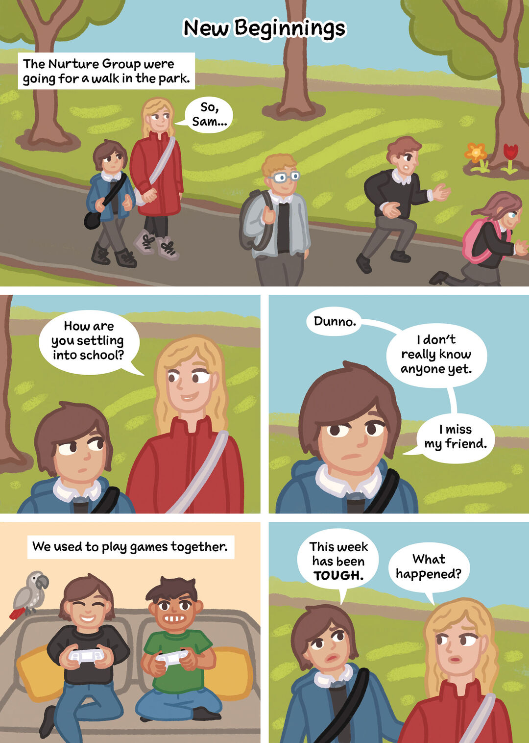New beginnings comic strip of an adult and a child walking in a park. The adult is asking the child how they are getting on at their new school