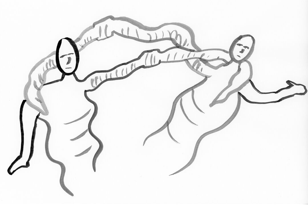 Ink line drawing of two earthworms embracing each other and swaying