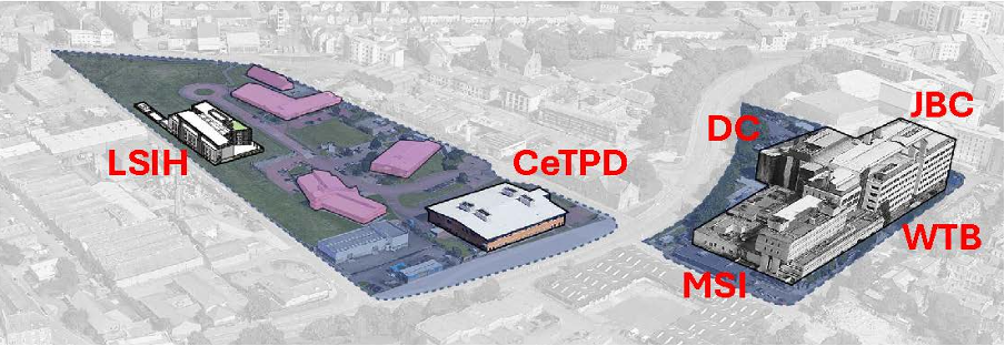 A schematic showing the location of various buildings