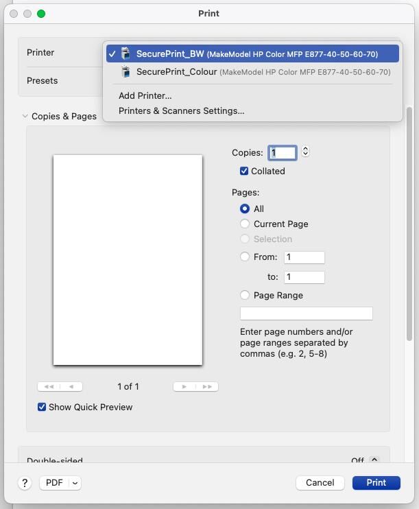 A standard macOS printer screen, the printers available are the new names mentioned earlier in this page