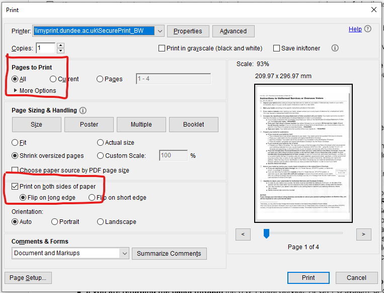 The printer screen of Adobe Acrobat showing the pages to print and double sided options highlighted