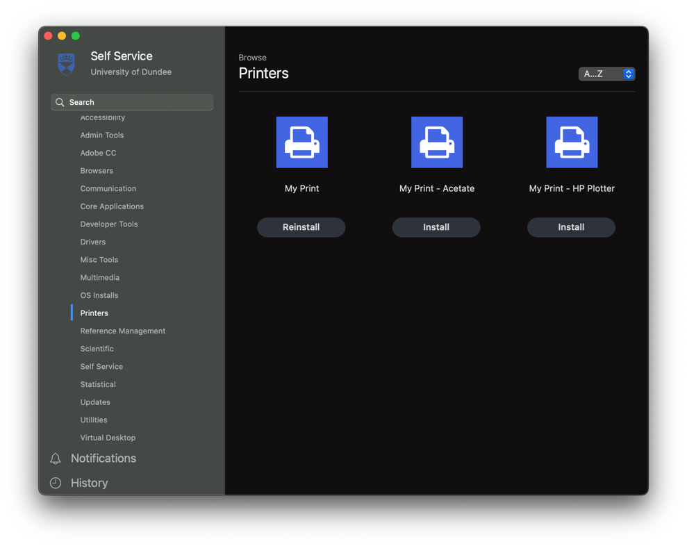 Screenshot of a list of Printers under My Print and install menu