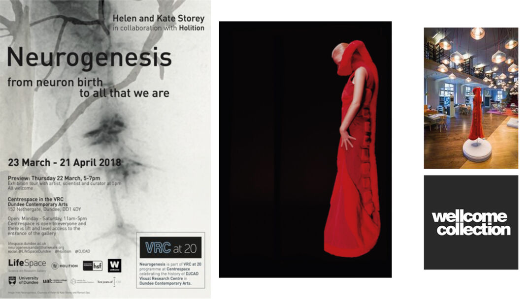 A poster for an art exhibition, a woman in a red dress, the red dress on display at an exhibition, the logo for the Wellcome Collection