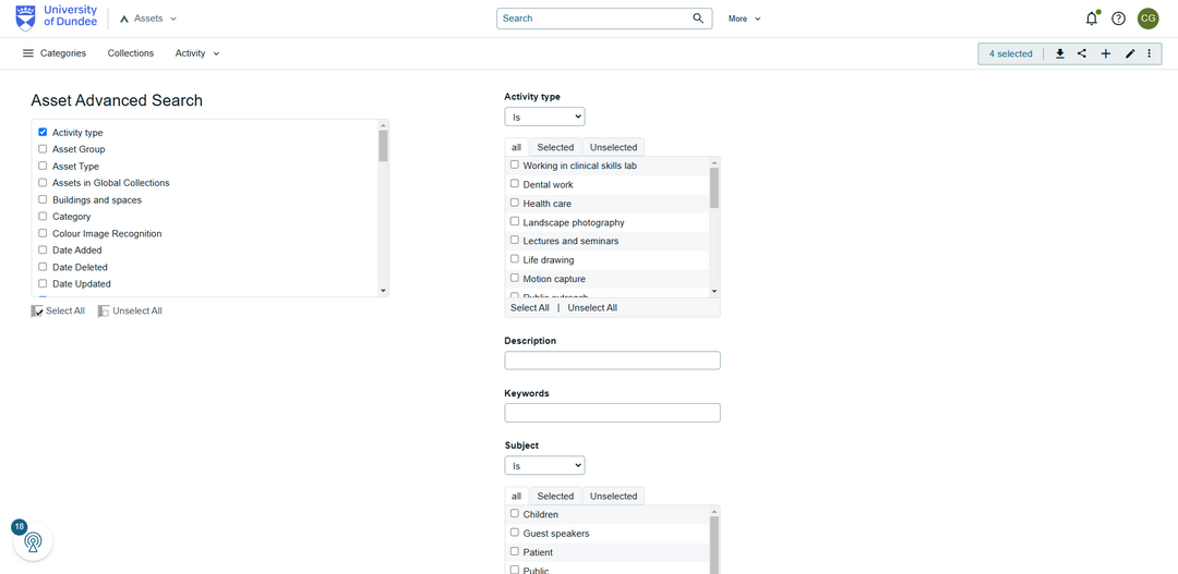screen shot to show advanced asset search