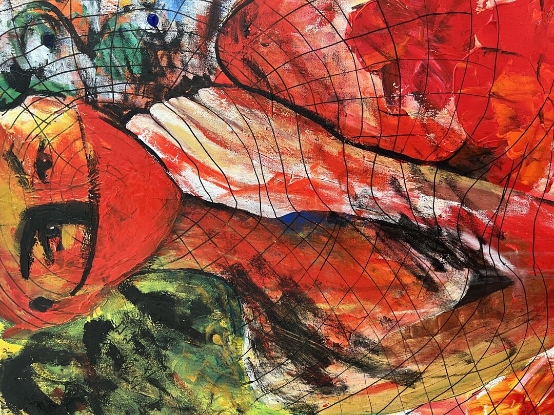 A painting of a person, predominantly in red, with face covered by a mask.