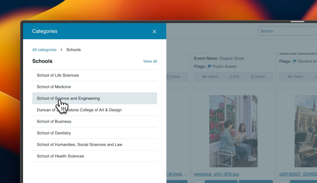 Screenshot showing a list of categories with a hand icon hovering over one of them