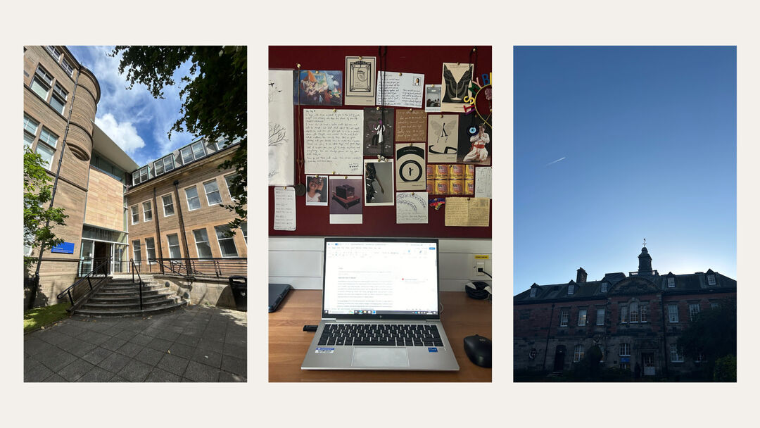 A collage of three images: one of a university building, the middle is a laptop on a desk, with a pin board full of pictures behind it, and the third is a blue sky above a building.