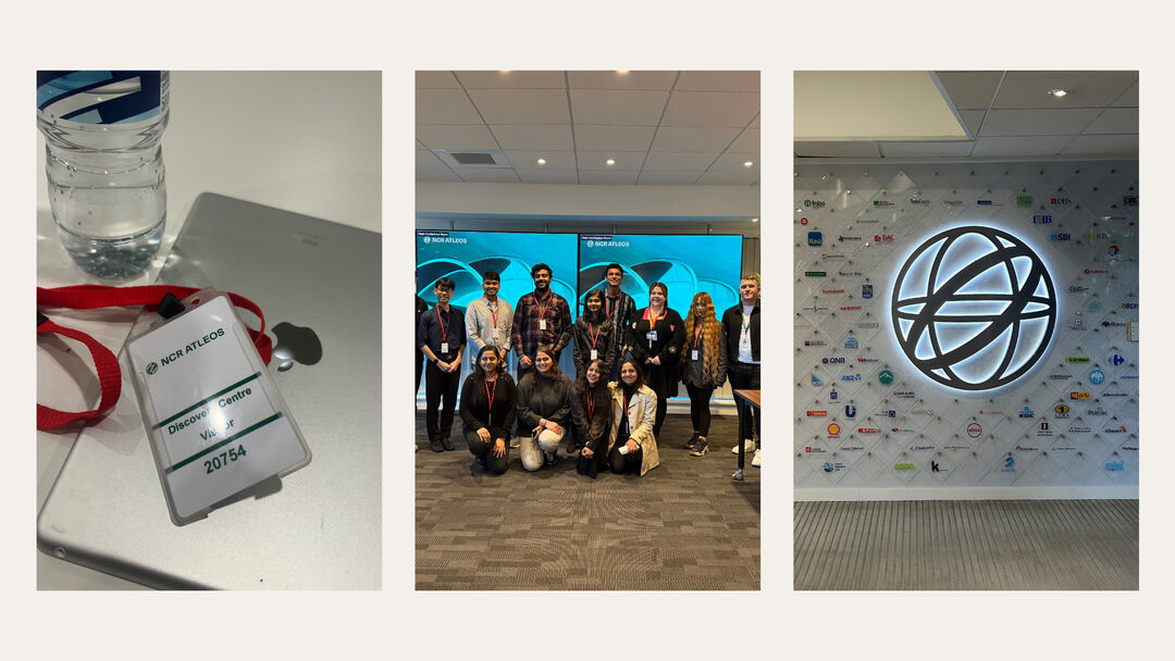 A collage of three images: one showing a lanyard with pass card, the middle shows a group of people posing together, the third is of a circular logo on a wall.