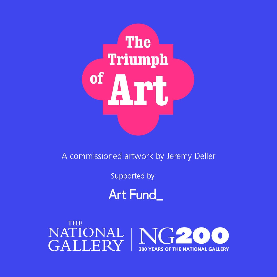 A blue background with pink "triumph of art" logo, with a list of event supporters below.