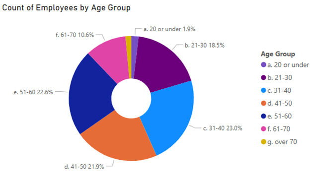 Graph shows count of employees by age group a. 20 years or under 1.9% b. 21 - 30 years - 18.5% c. 31 - 40 years - 23.0% d. 41 - 50 years - 21.9% e. 51 - 60 years - 22.6% f. 61 - 70 years - 10.6%