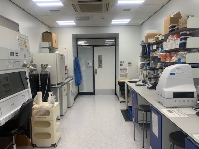 A laboratory with different general laboratory equipment on LHS including safety cabinet, gas cylinders, bench top incubator and CO2 incubator, under-bench freezer/fridges. RHS laboratory bench has an Agilent Seahorse Analyser with laboratory bench and stools underneath. The benches are running down either side with the laboratory door at the end.