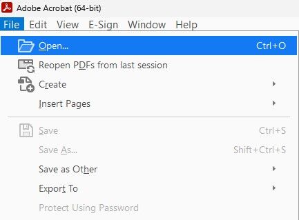 Screenshot shows Adobe menu Open