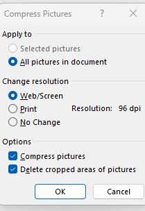 Screenshot shows the items clicked to compress pictures on a word document