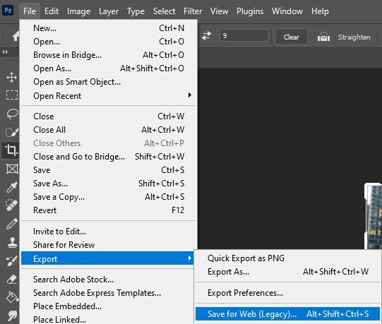 Adobe photoshop menu File, Save for web legacy