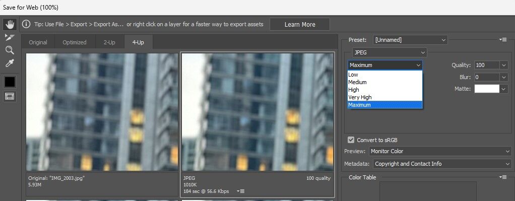 Adobe photoshop menu to choose quality of photo