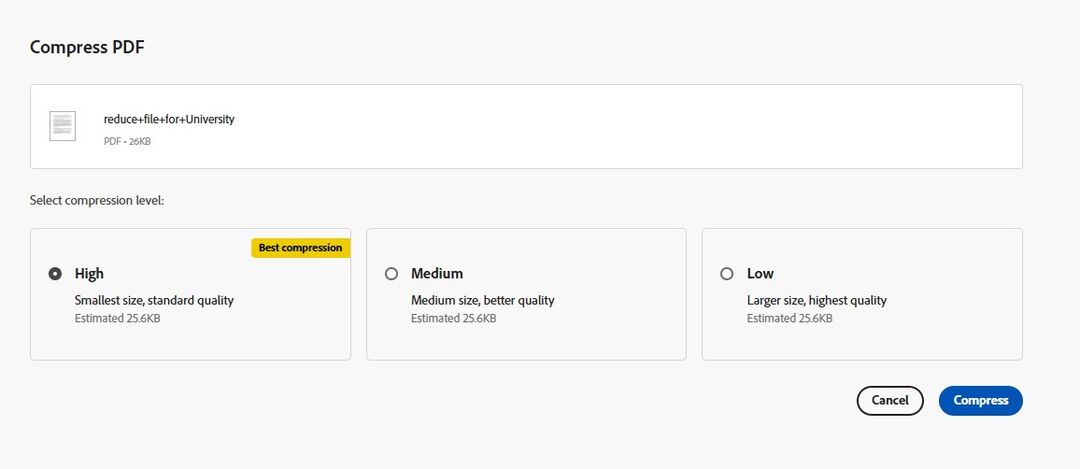 Screenshot shows a selection of options to compress the file High, Medium or Low