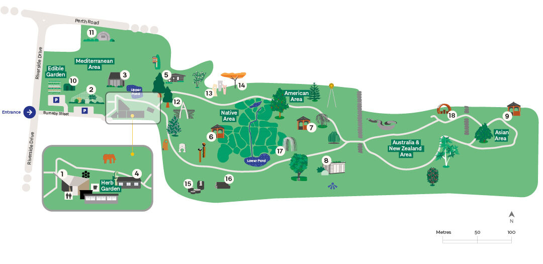 An annotated illustration of the Botanic Garden