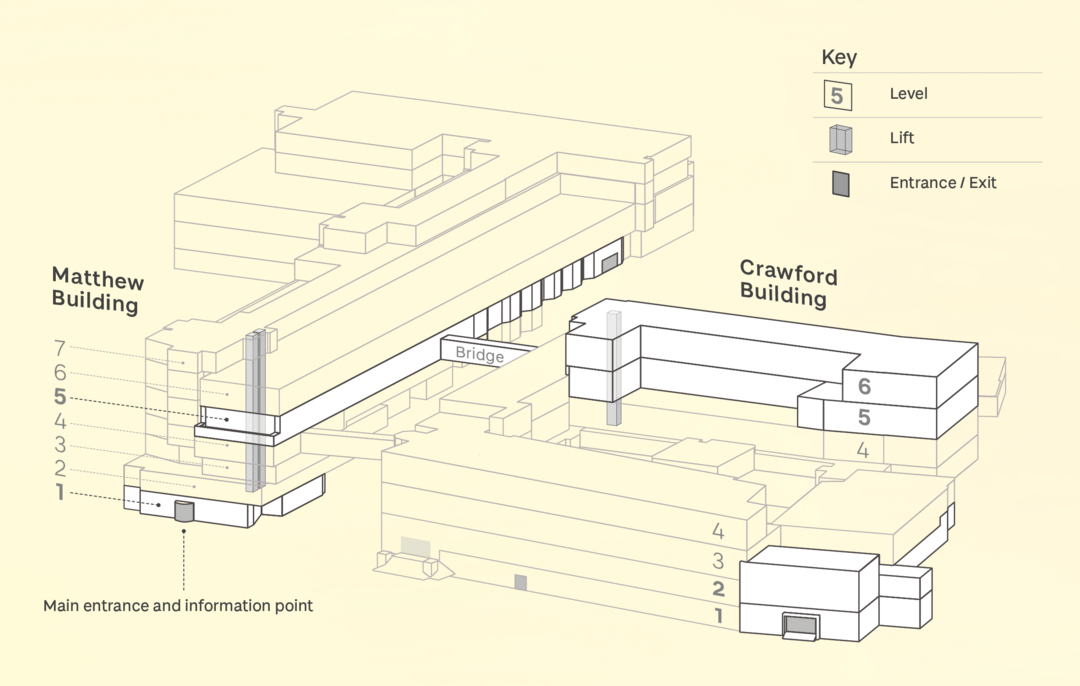 Map outlining the floors to the Crawford and Matthew buildings