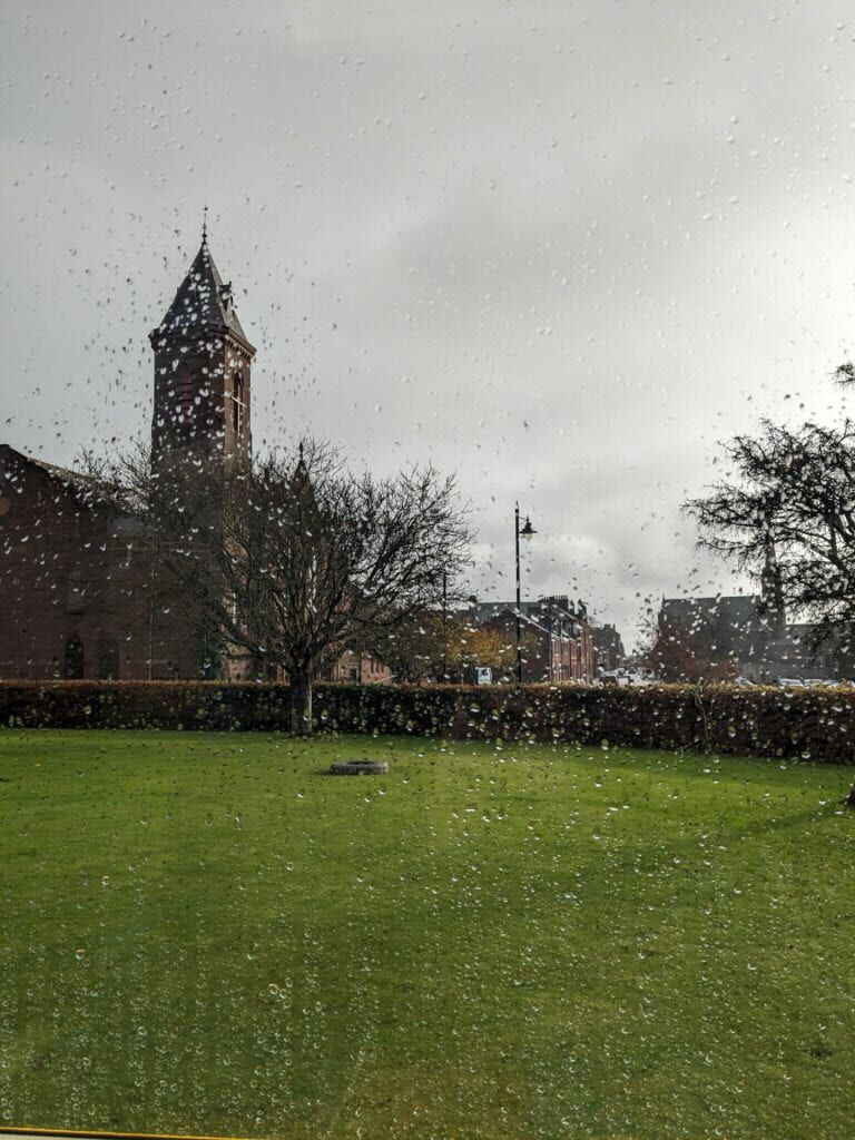 Arbroath Abbey taken from a window with rain drops