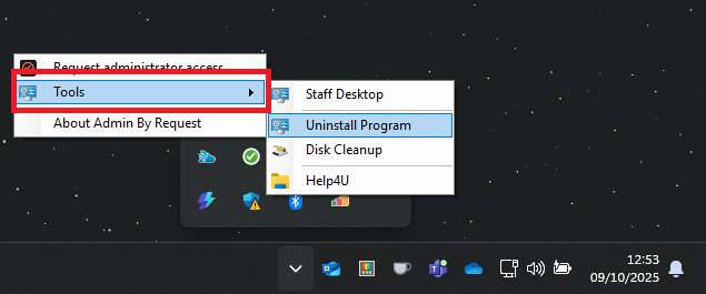 Tool menu on desktop with the Uninstall program option showing