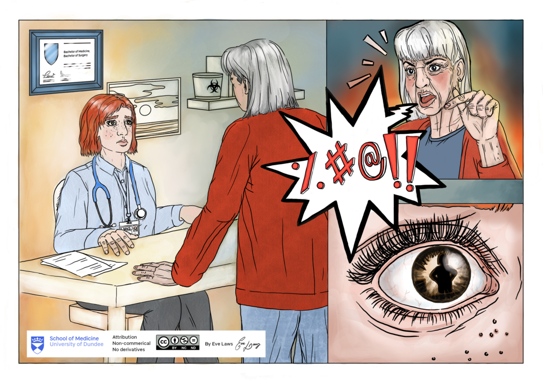 Comic style illustration of an aggressive patient.