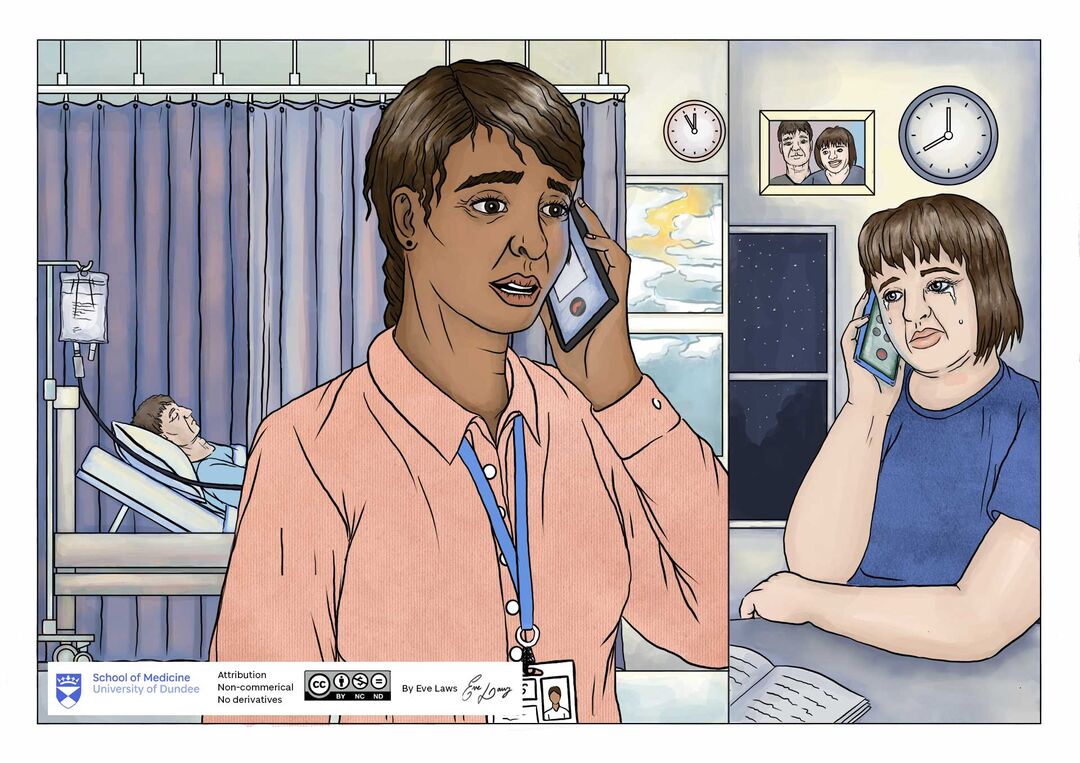 Comic style illustration of someone breaking bad news over the phone.