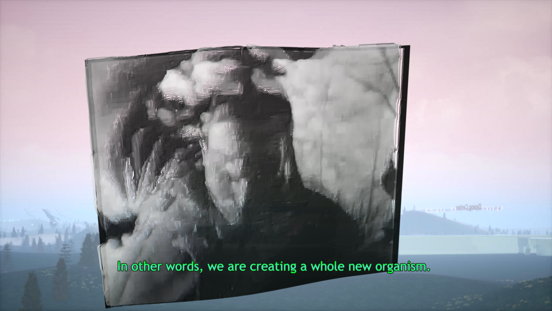 Digital video still a glitchy black and white image floats over a softly rendered digital landscape with caption 'in other words we are creating a whole new organism'