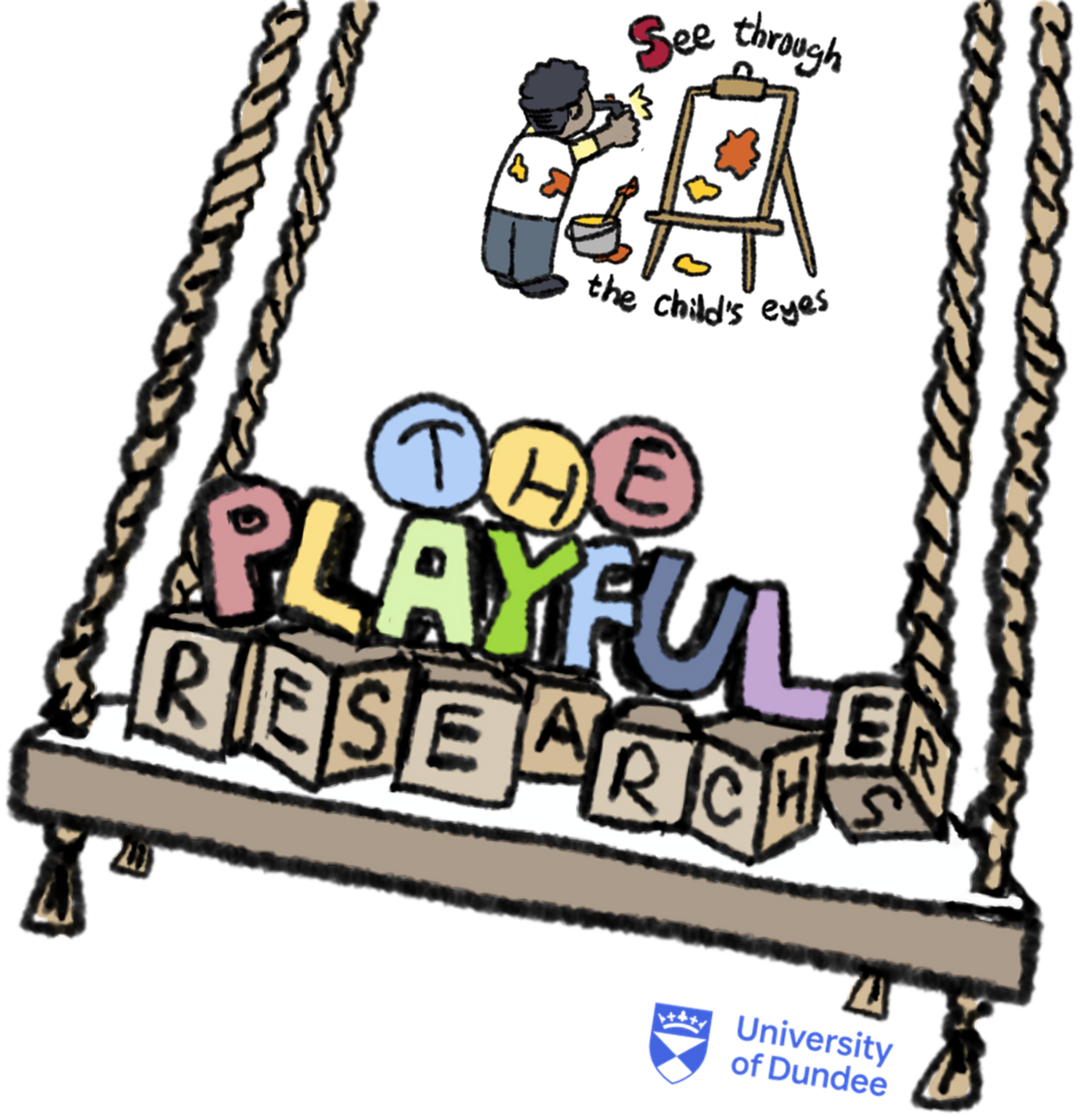 An illustration of a child painting with a playground swing in the forefront with text The Playground Researchers