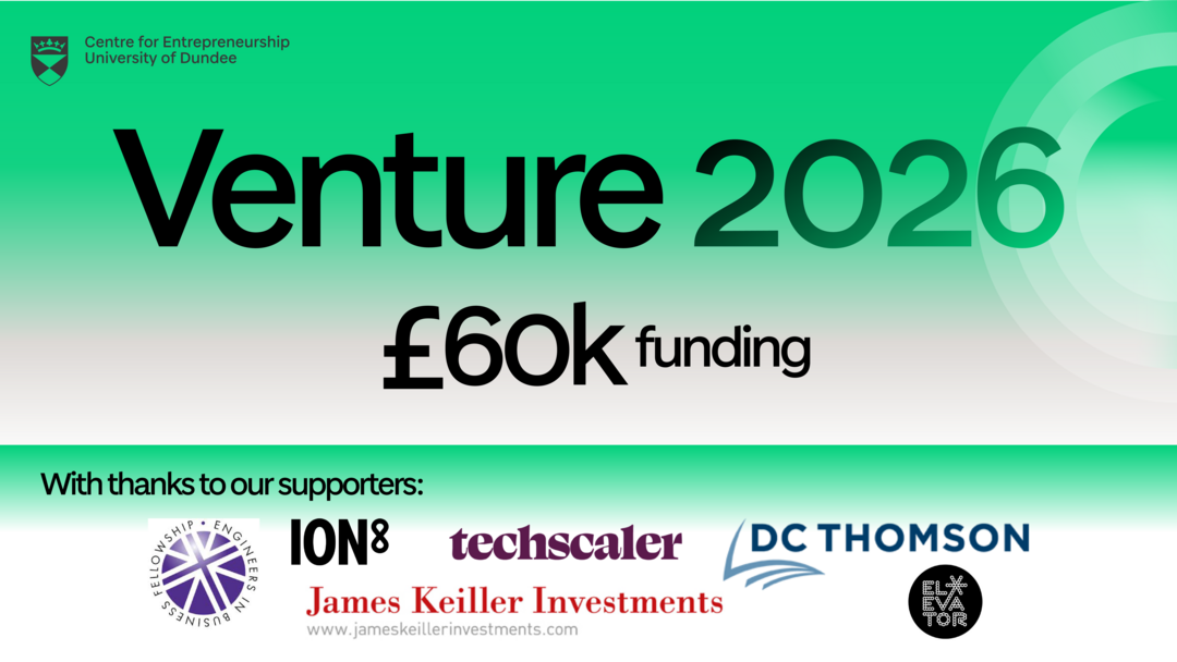 Venture 2026 flyer thanking their sponsors: Engineers in Business Fellowship, ION8, Techscaller, DC Thomson, James Keiller Investments, Elevator.