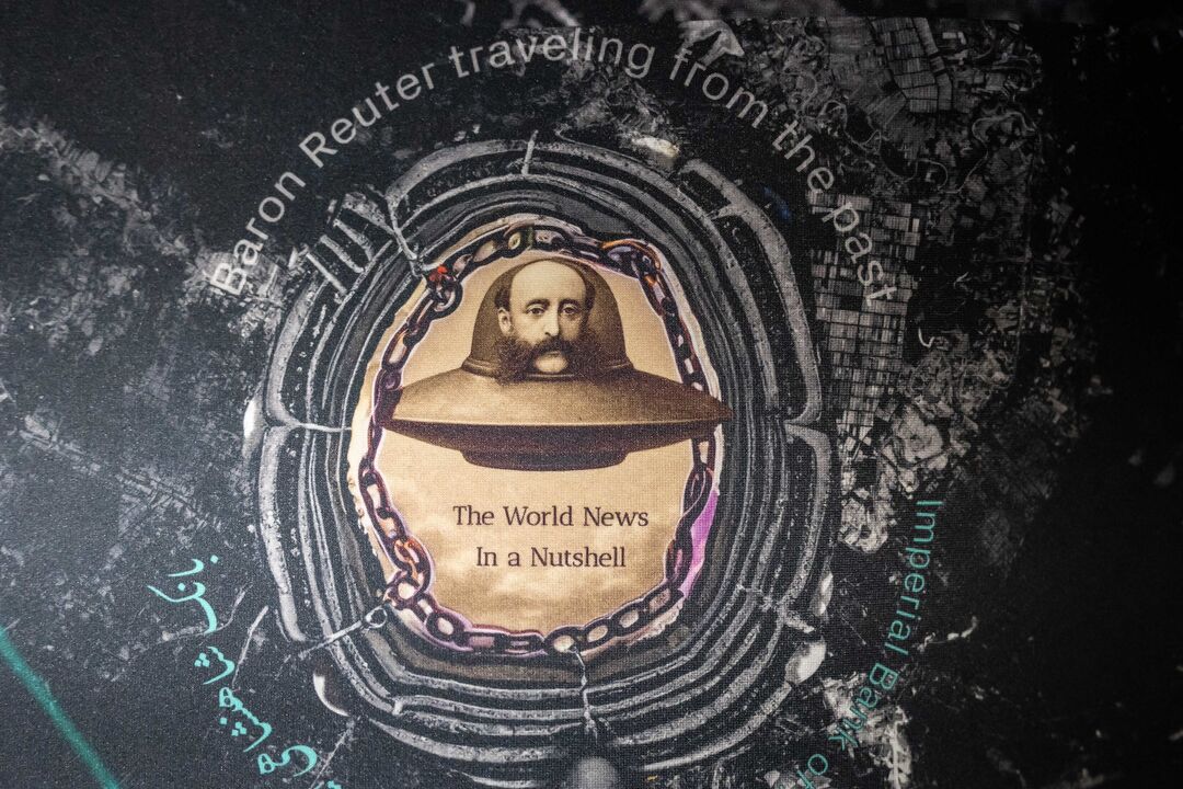 Artists' image. Close up of 'Baron Reuter Travelling from the Past' his 19th C portrait atop a drawing of a ufo. Saving world news in a nutshell