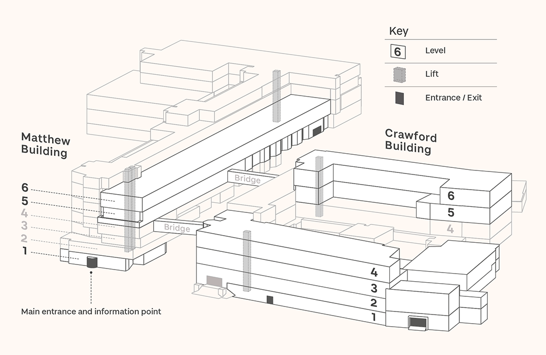 Degree show map of floors on Crawford and Matthew buildings and location of student work
