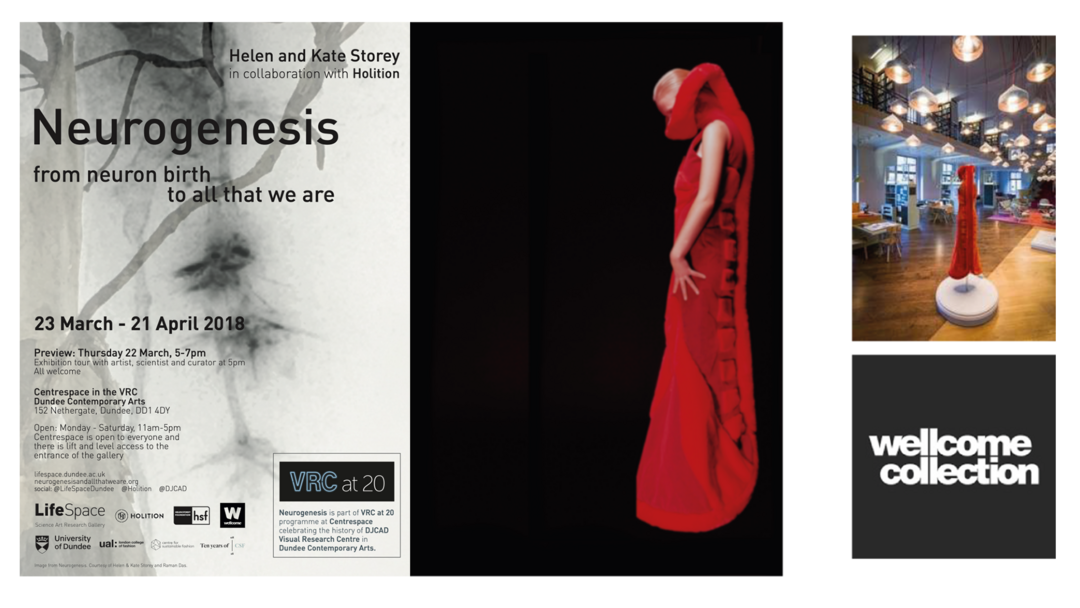Poster from exhibition on Neurogenesis, the birth of new neurons, a model wearing a bright red dress against a black background. Another small image beside of the same dress on display in a gallery, and the Wellcome collection logo.