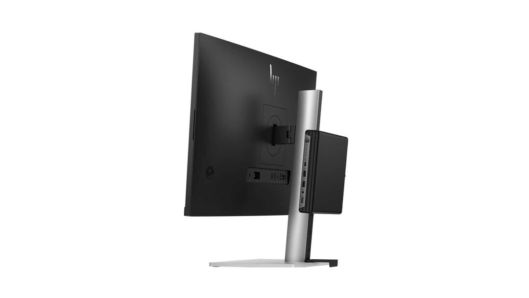 HP EliteDesk 8 Mini G1i Desktop held onto a monitor with a mounting bracket.