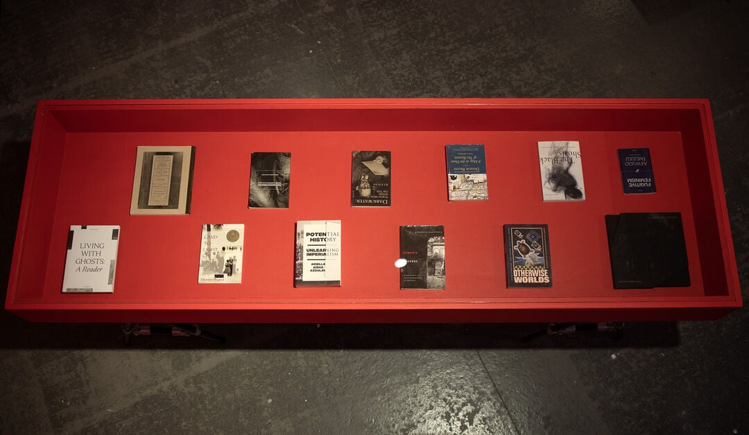 Red vitrine housing a range of books on display