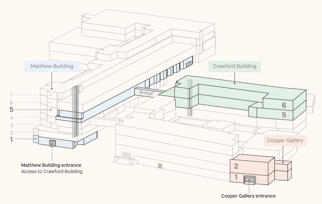 A map showing staircases and locations of Masters exhibitions in the Matthew and Crawford buildings