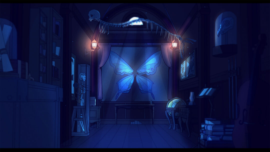 An animation of a large moth hanging on a wall for the Master Showcase exhibition
