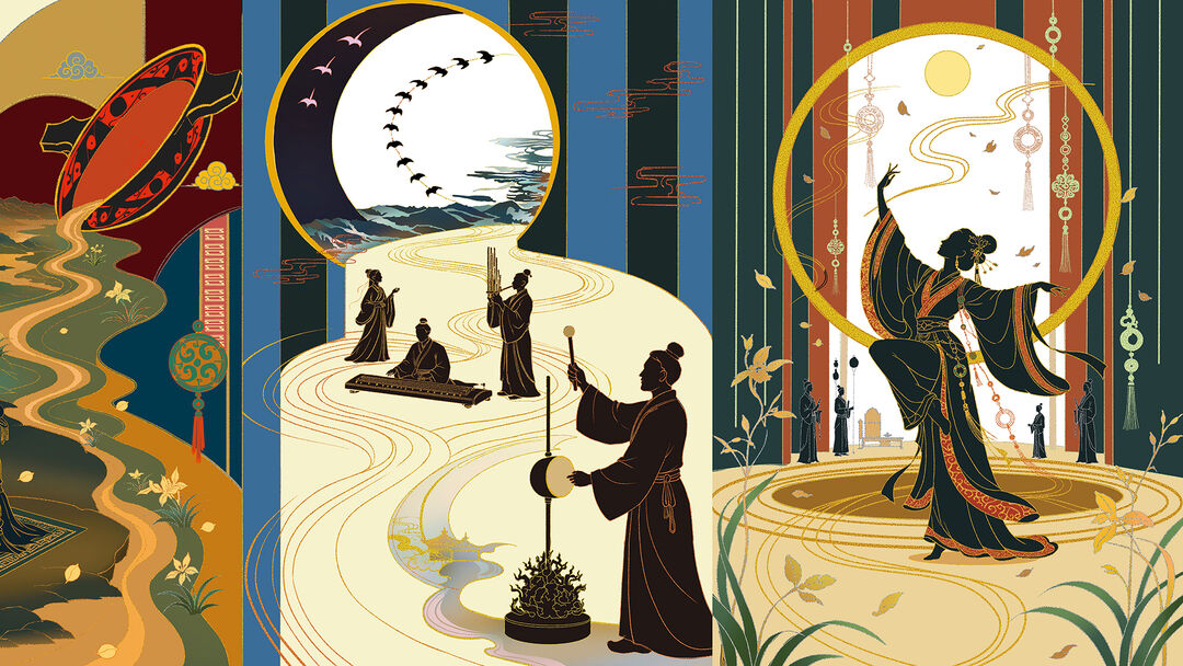 Three panels of artwork showing chinese traditions of dance and music