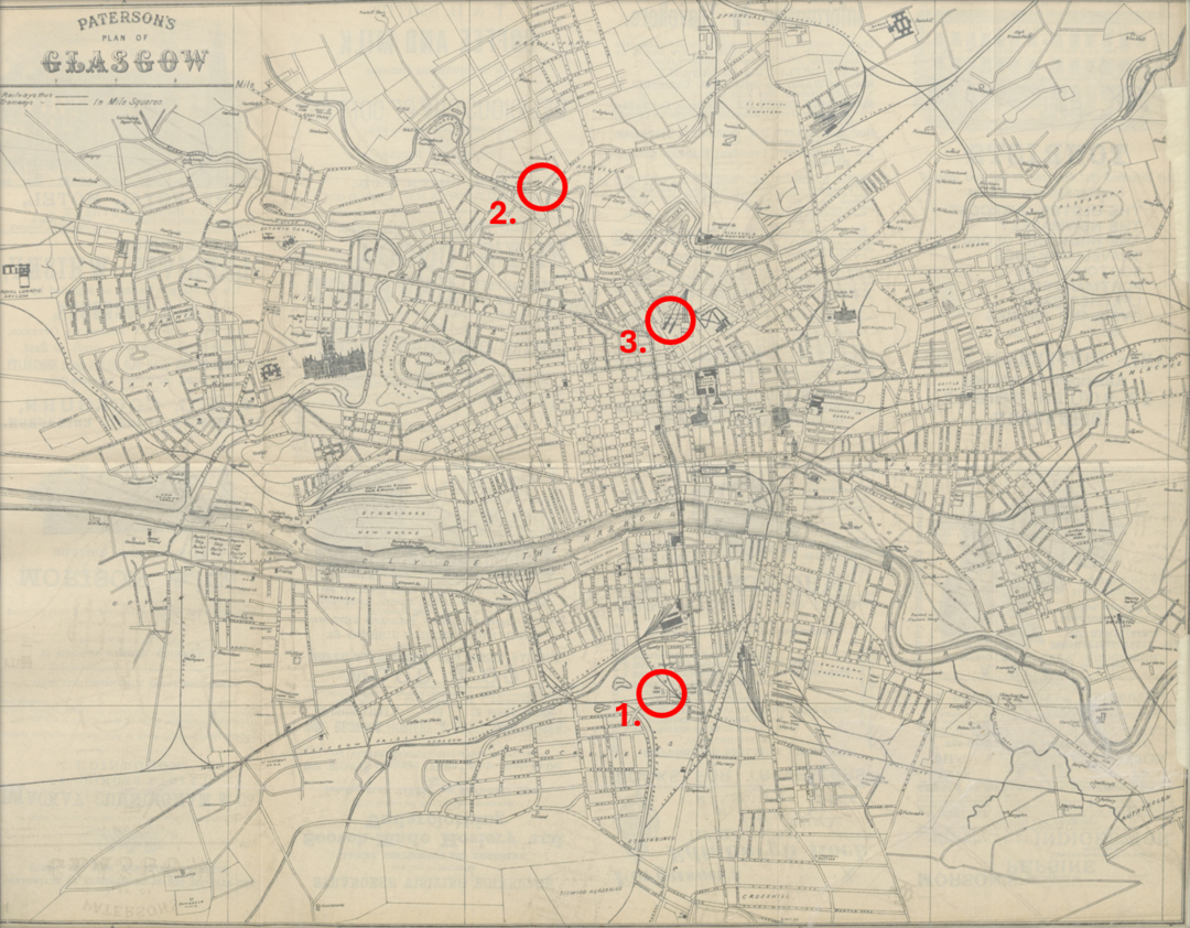 Digitised drawn map of Glasgow from page 9 of "Paterson's Guide to Glasgow, the Clyde, and Land of Burns"