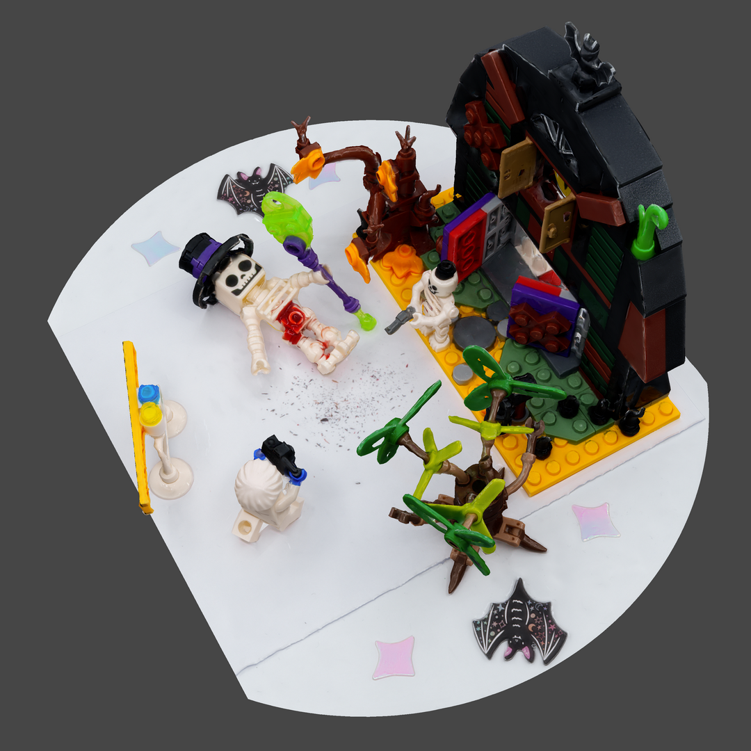 Image of a Halloween themed Lego model depicting a group of skeletons at a crime scene