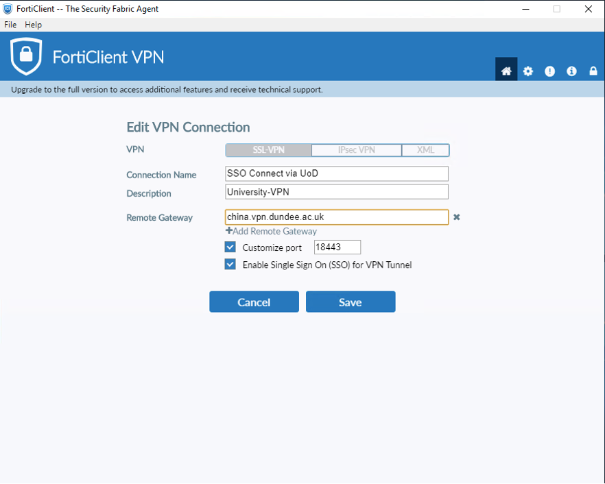 Connect To China FortiClient VPN Service University Of Dundee
