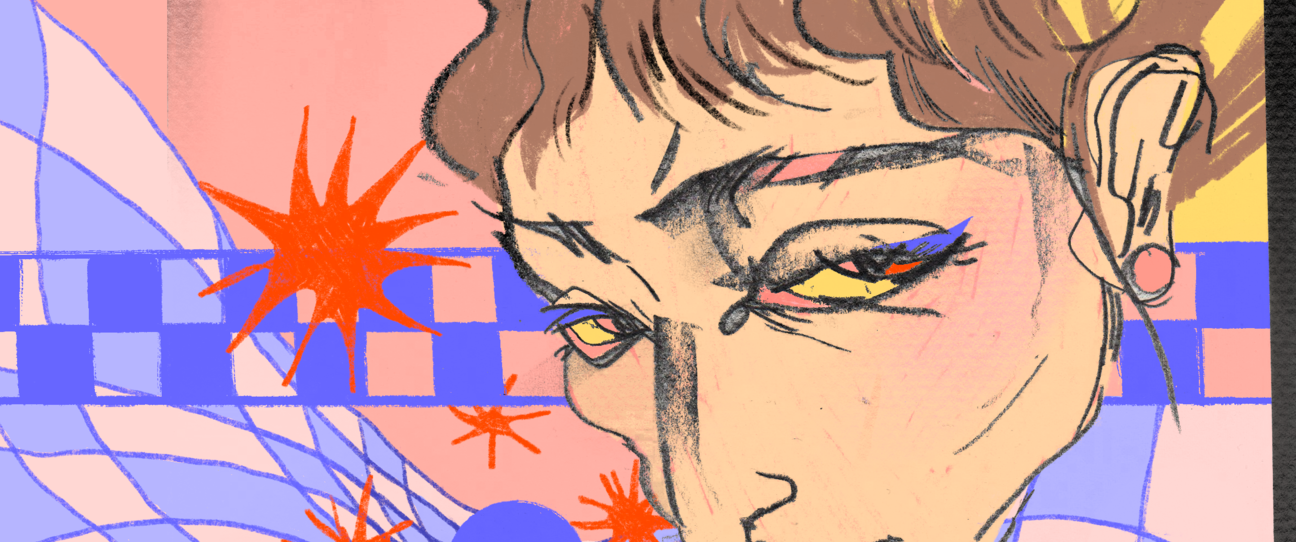 Afloating head making eye contact. The background consists of abstract colorful shape and form