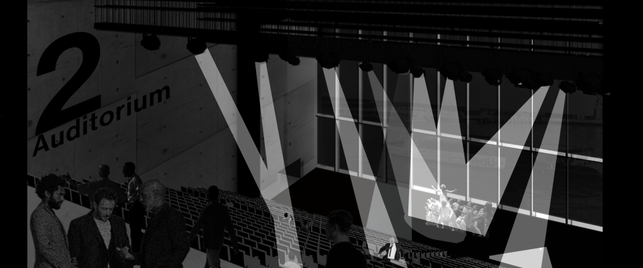people standing in black and white auditorium