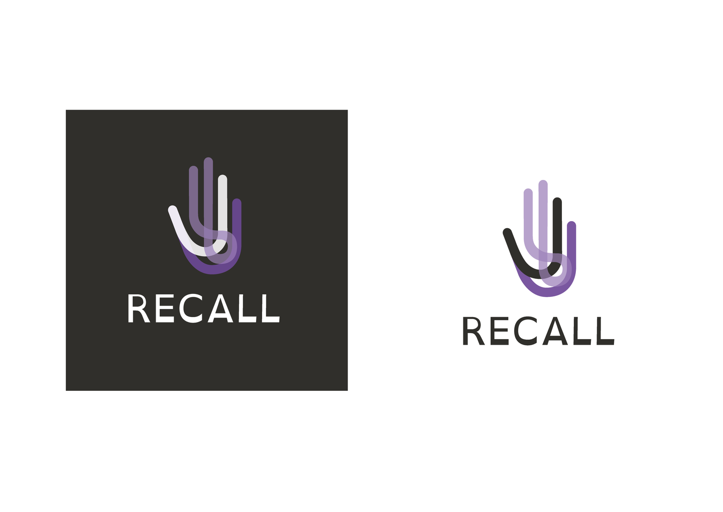 'Recall' purple hand shaped logo on a black background, also on a white background