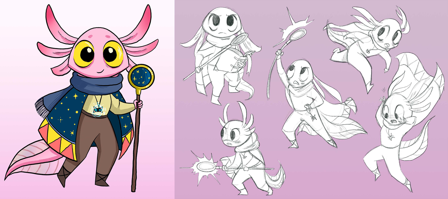 A full body drawing of a stylised humanoid axolotl character and sketches exploring different poses and moods.