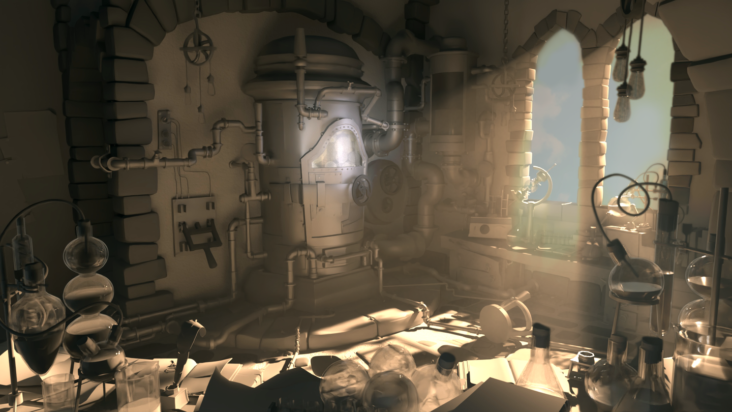 An image of a CG generated dungeon lit from two arched windows at dawn. The light spills into the room illuminating chemistry equipment, generators and a large chamber with a multitude of pipes sprouting from it. The chamber has one door and window where a strange light is emitting from.