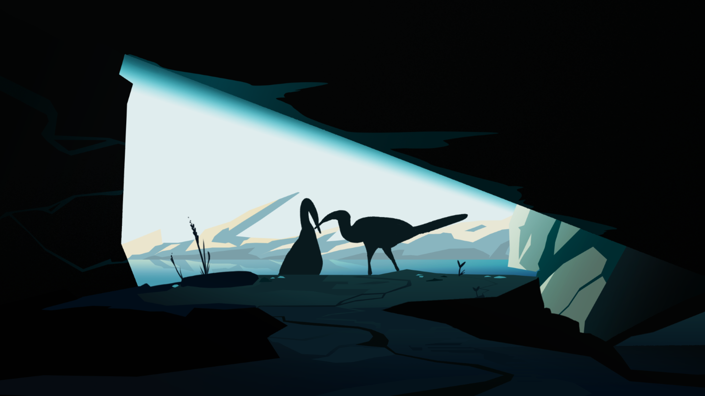 Two roosting birds look out towards mountains and the ocean from the mouth of a dark cave.