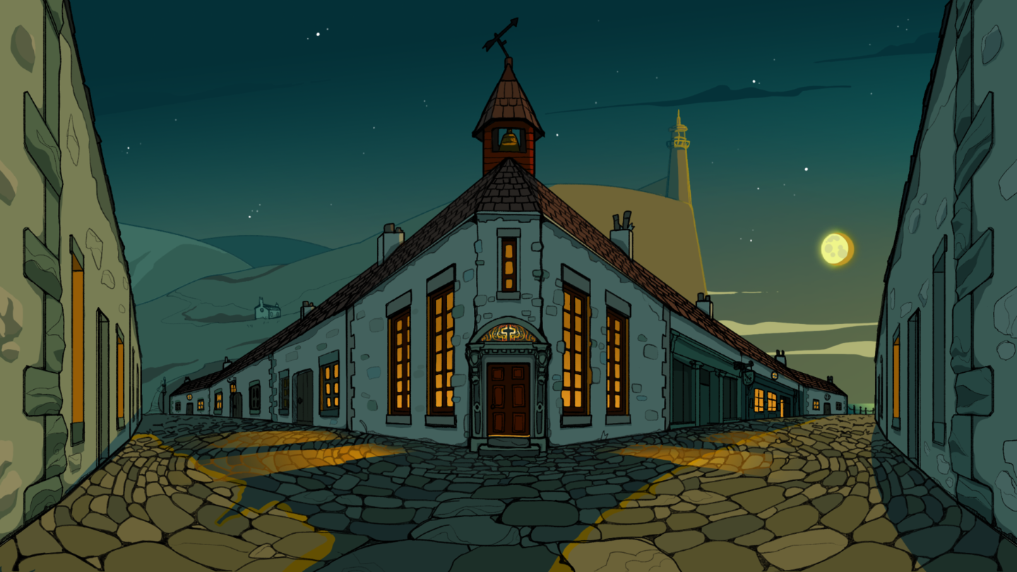 Two streets meeting in the middle of a church building, the sky is a teal night sky with a moon radiating golden light with the image of hills and a lighthouse in the background.