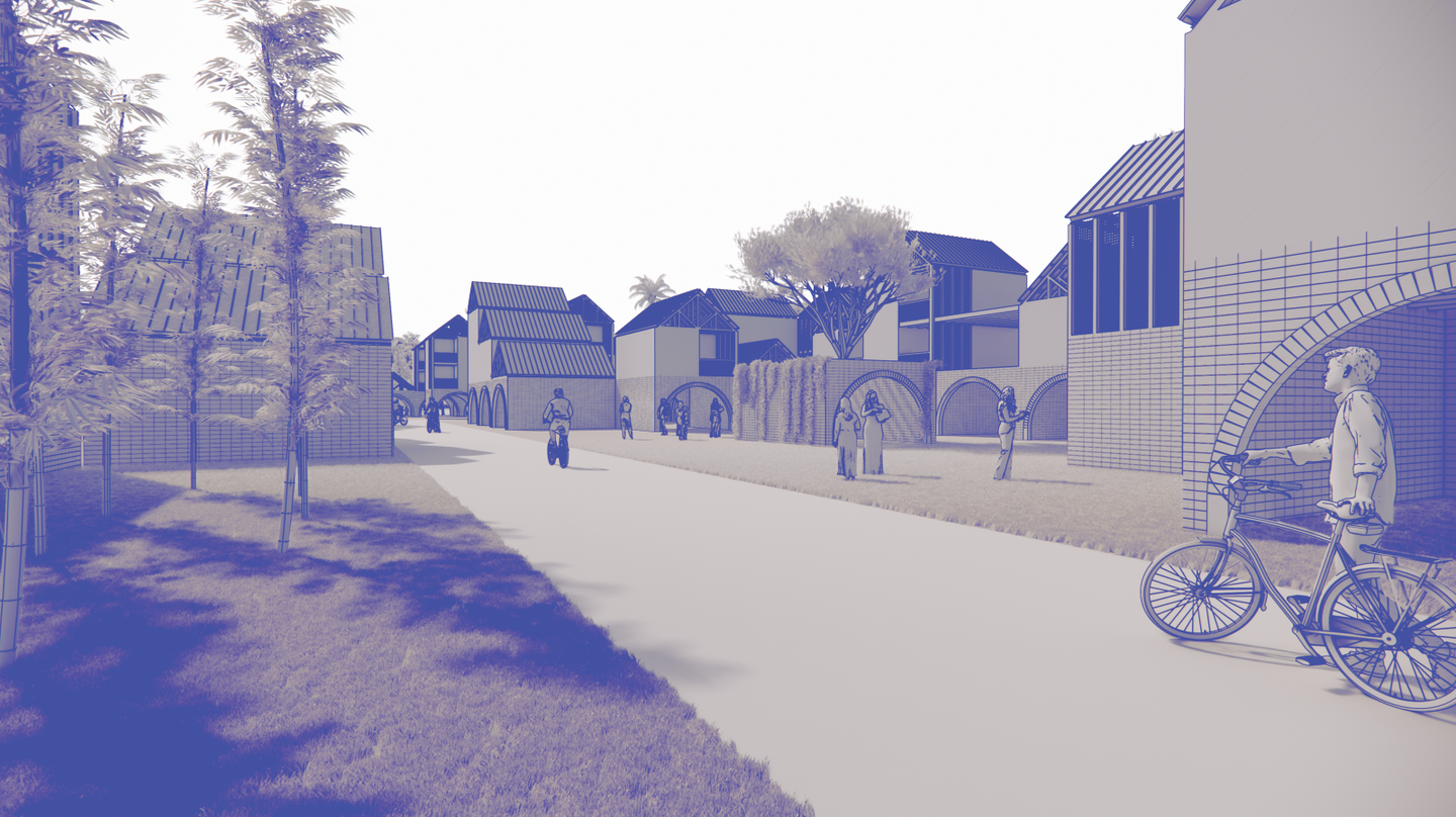 A render from eye level of a streetscape within a reimagined Ridgeview housing scheme